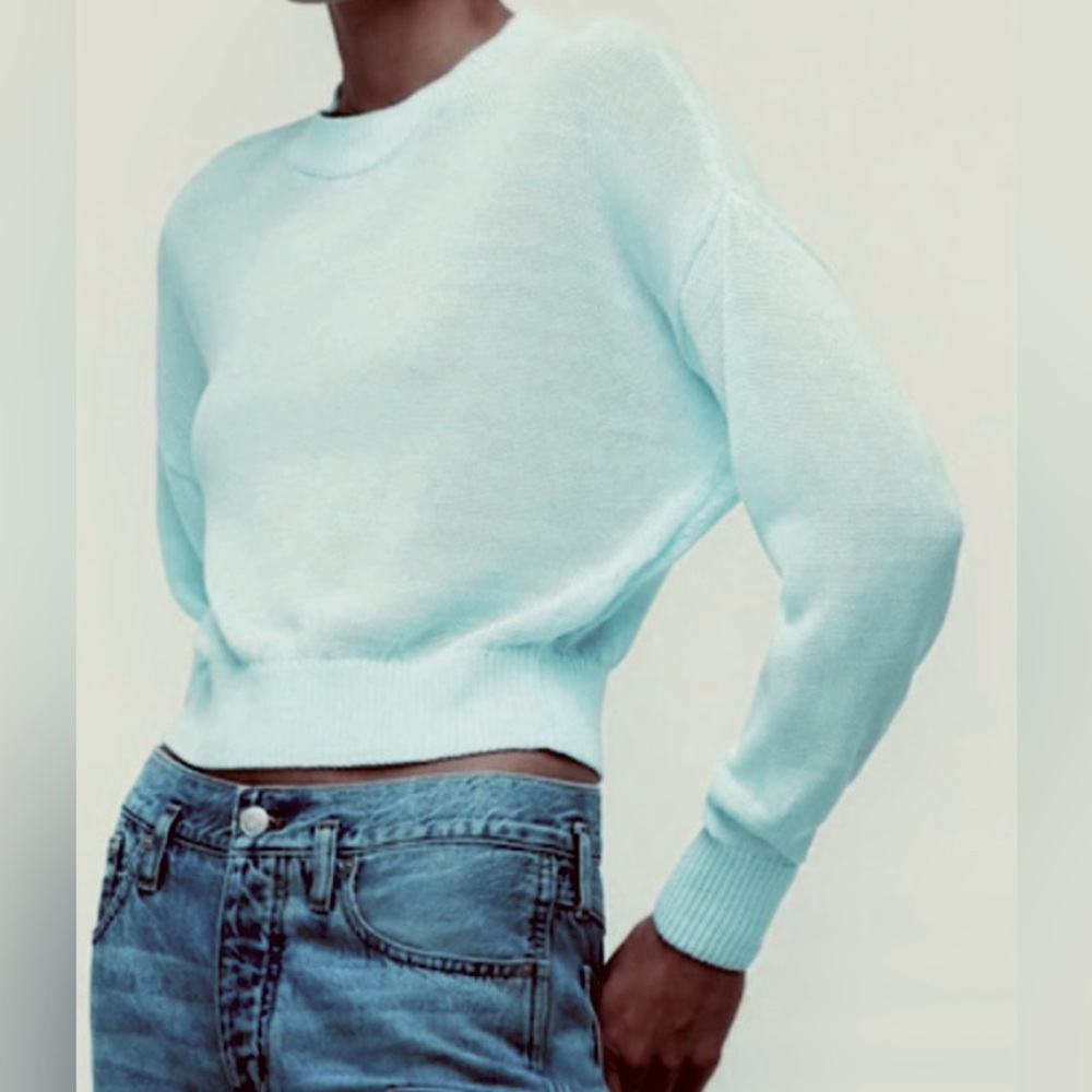 Madewell Crewneck Sweater Cropped Sheer Loose-Knit Cotton Powder Blue Size XXL